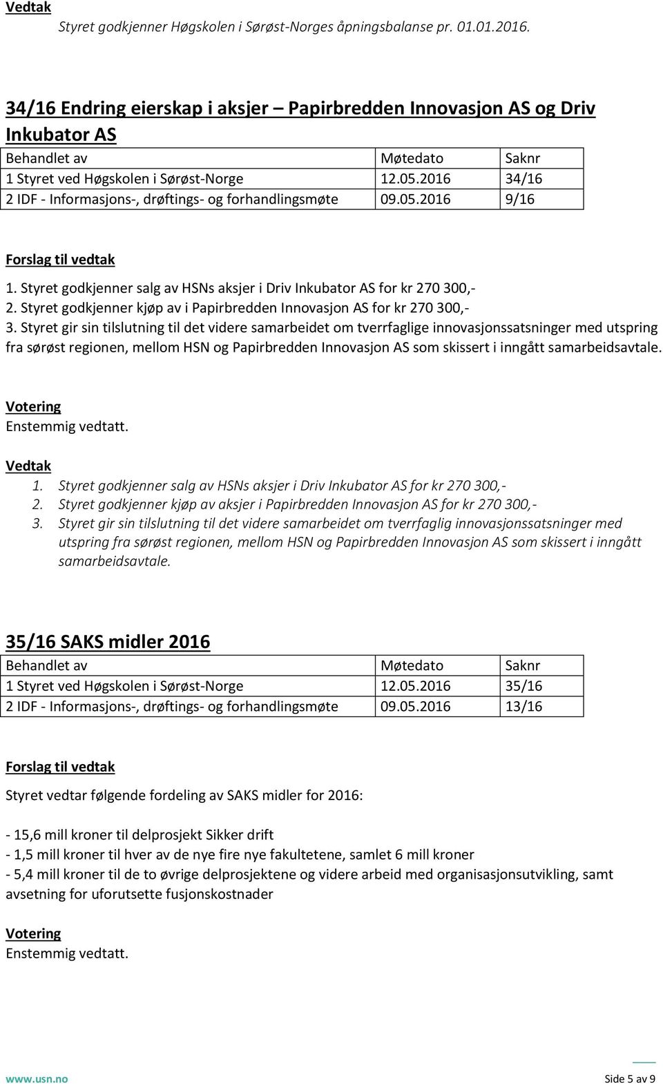 2016 34/16 2 IDF - Infrmasjns-, drøftings- g frhandlingsmøte 09.05.2016 9/16 Frslag til vedtak 1. Styret gdkjenner salg av HSNs aksjer i Driv Inkubatr AS fr kr 270 300,- 2.