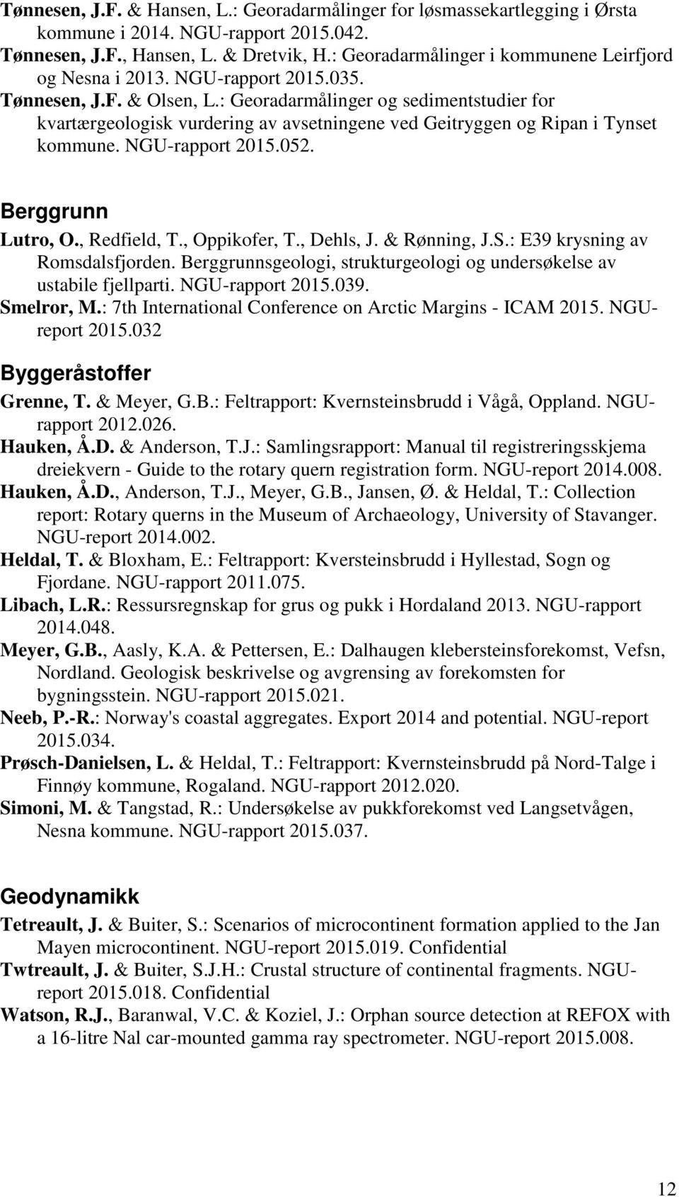 : Georadarmålinger og sedimentstudier for kvartærgeologisk vurdering av avsetningene ved Geitryggen og Ripan i Tynset kommune. NGU-rapport 052. Berggrunn Lutro, O., Redfield, T., Oppikofer, T.