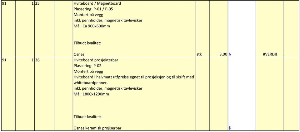 91 1 36 Hviteboard prosjekterbar Plassering: P-02 Montert på vegg Hviteboard i halvmatt utførelse