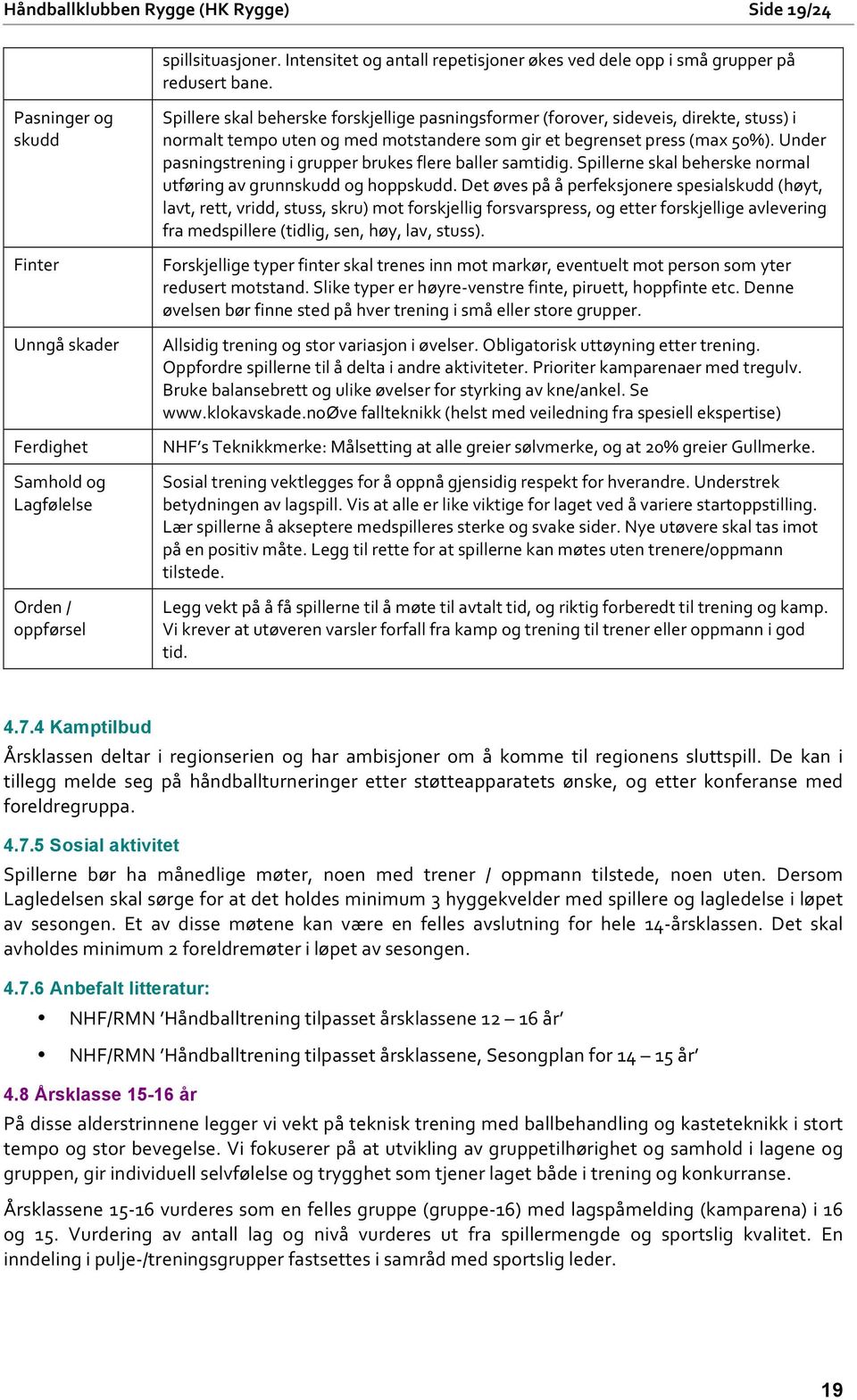 med motstandere som gir et begrenset press (max 50%). Under pasningstrening i grupper brukes flere baller samtidig. Spillerne skal beherske normal utføring av grunnskudd og hoppskudd.