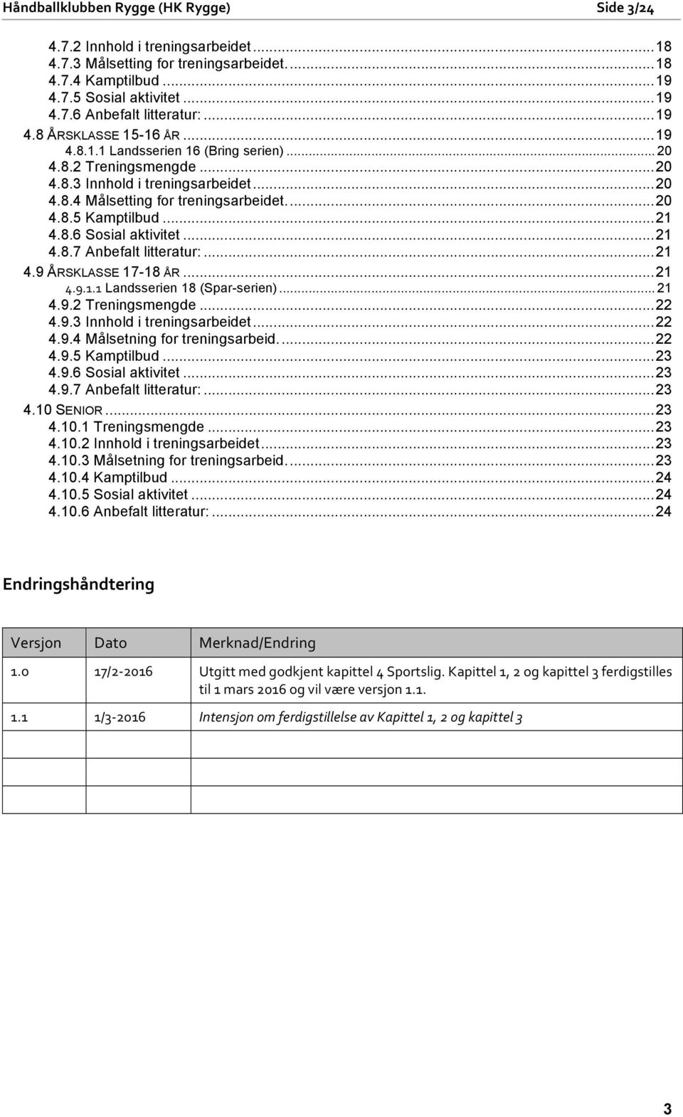 .. 21 4.8.7 Anbefalt litteratur:... 21 4.9 ÅRSKLASSE 17-18 ÅR... 21 4.9.1.1 Landsserien 18 (Spar-serien)... 21 4.9.2 Treningsmengde... 22 4.9.3 Innhold i treningsarbeidet... 22 4.9.4 Målsetning for treningsarbeid.