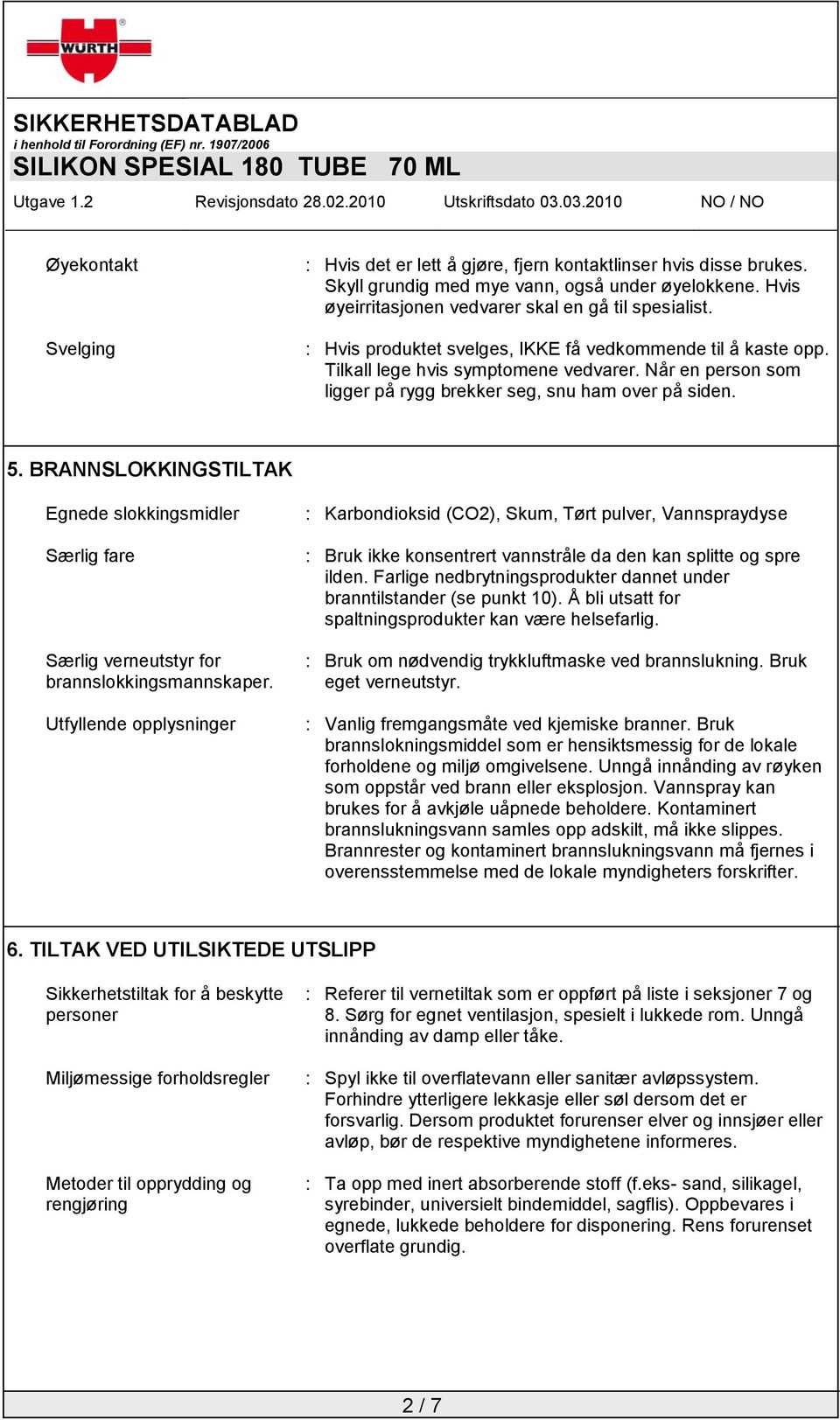 BRANNSLOKKINGSTILTAK Egnede slokkingsmidler Særlig fare Særlig verneutstyr for brannslokkingsmannskaper.