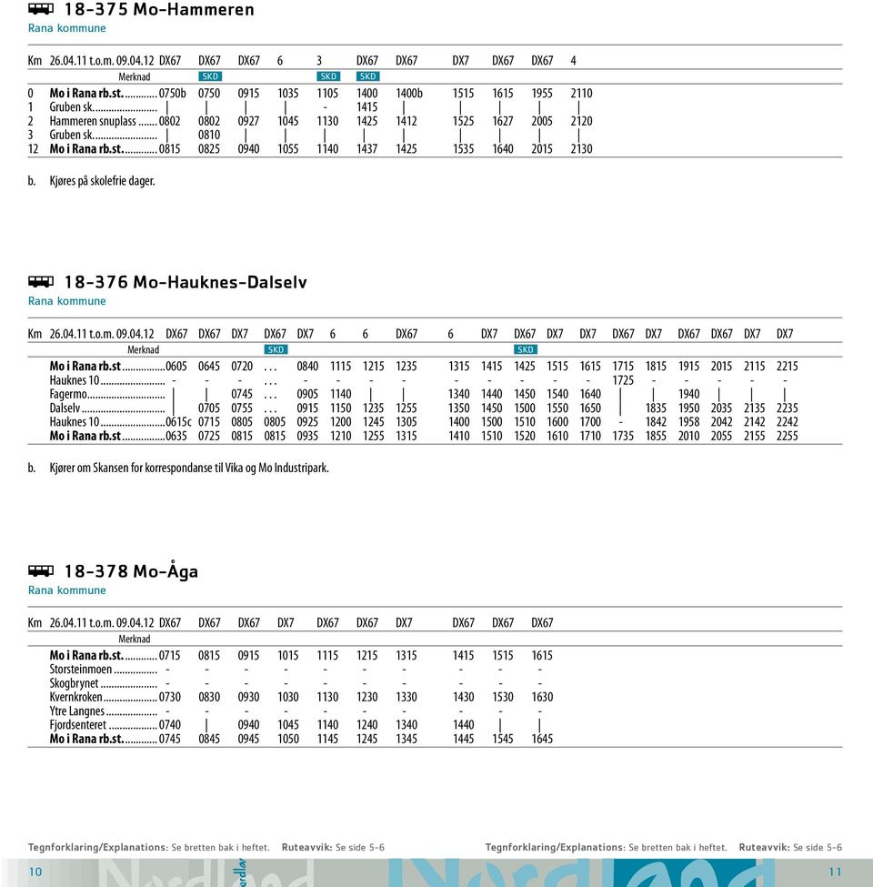 Kjøres på skolefrie dager. ÿ 18-376 Mo-Hauknes-Dalselv Km 26.04.11 t.o.m. 09.04.12 DX67 DX67 DX7 DX67 DX7 6 6 DX67 6 DX7 DX67 DX7 DX7 DX67 DX7 DX67 DX67 DX7 DX7 SKD SKD Mo i Rana rb.st...0605 0645 0720.