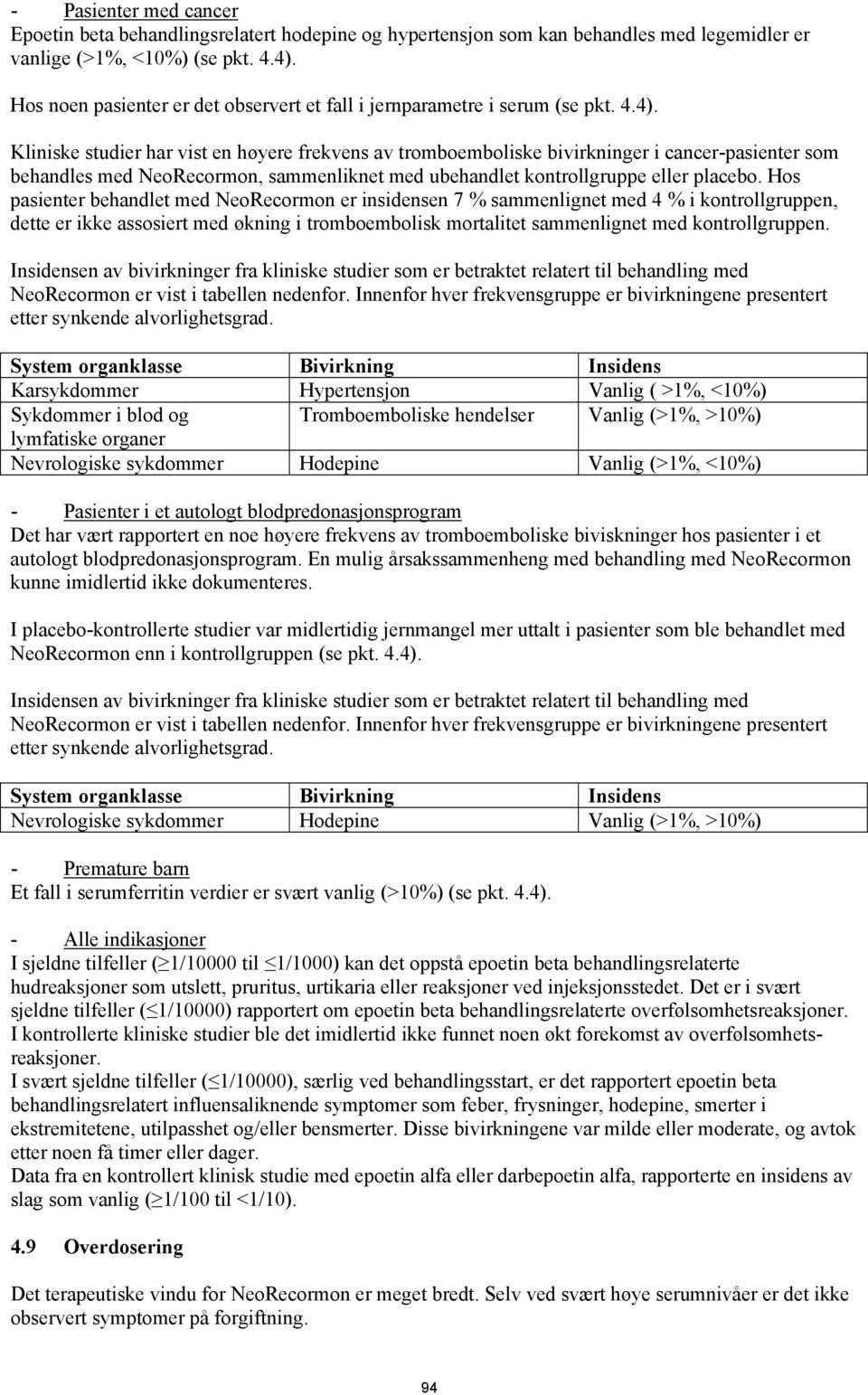 Kliniske studier har vist en høyere frekvens av tromboemboliske bivirkninger i cancer-pasienter som behandles med NeoRecormon, sammenliknet med ubehandlet kontrollgruppe eller placebo.