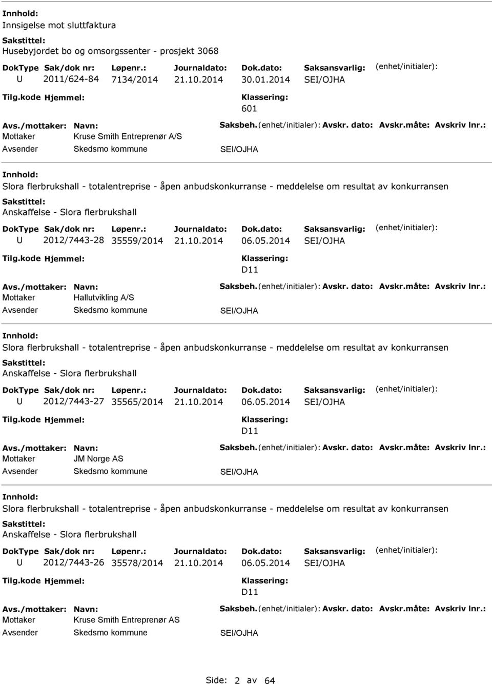 2012/7443-28 35559/2014 06.05.2014 S/OJH D11 vs./mottaker: Navn: Saksbeh. vskr. dato: vskr.måte: vskriv lnr.