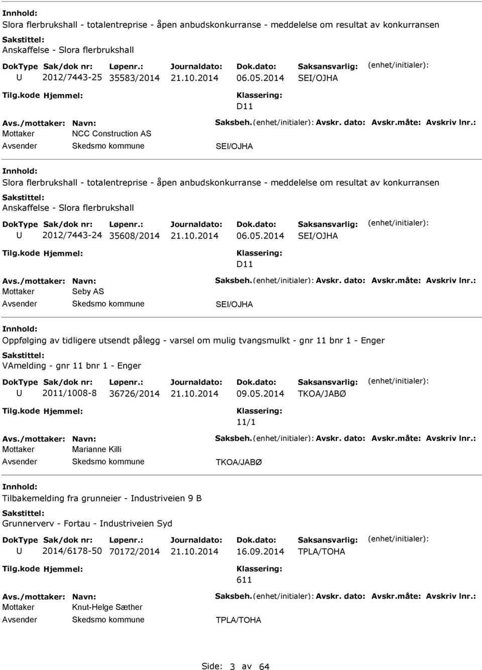 : Mottaker NCC Construction S S/OJH nnhold: Slora flerbrukshall - totalentreprise - åpen anbudskonkurranse - meddelelse om resultat av konkurransen nskaffelse - Slora flerbrukshall 2012/7443-24