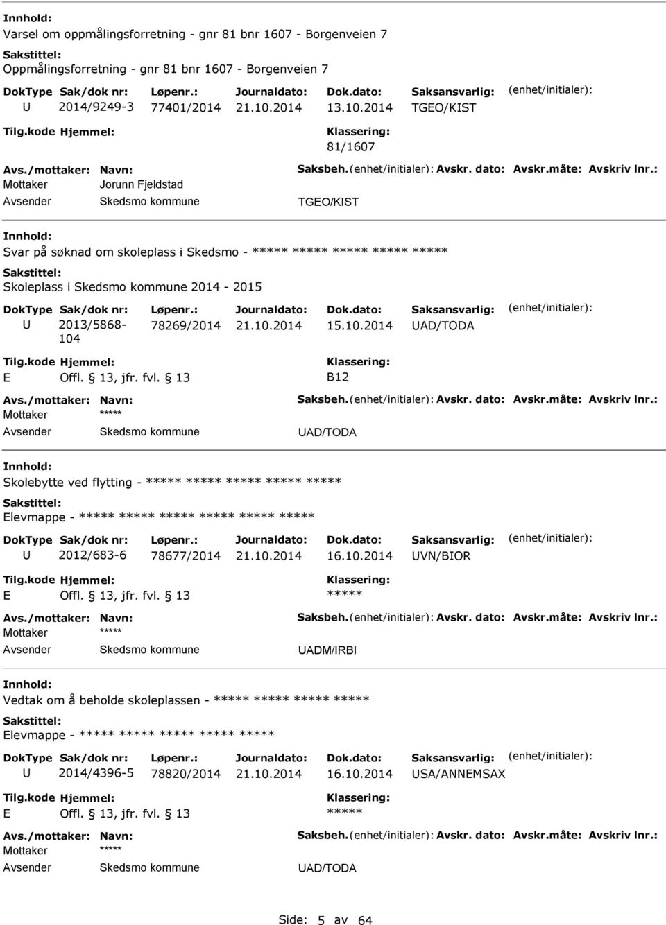 : Mottaker Jorunn Fjeldstad TGO/KST nnhold: Svar på søknad om skoleplass i Skedsmo - Skoleplass i 2014-2015 Sak/dok nr: 2013/5868-104 Løpenr.: 78269/2014 15.10.2014 D/TOD B12 vs.