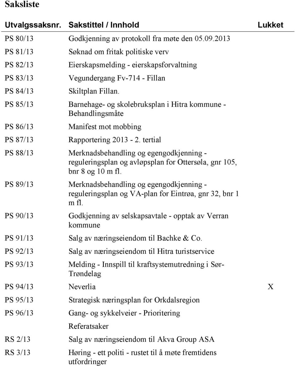 PS 85/13 Barnehage- og skolebruksplan i Hitra kommune - Behandlingsmåte PS 86/13 PS 87/13 Manifest mot mobbing Rapportering 2013-2.