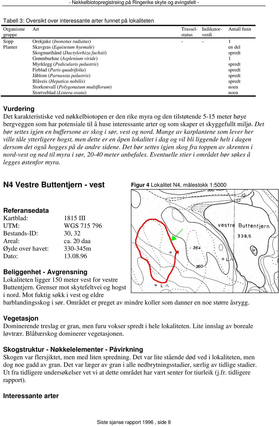 spredt Blåveis (Hepatica nobilis) spredt Storkonvall (Polygonatum multiflorum) noen Stortveblad (Listera ovata) noen Vurdering Det karakteristiske ved nøkkelbiotopen er den rike myra og den