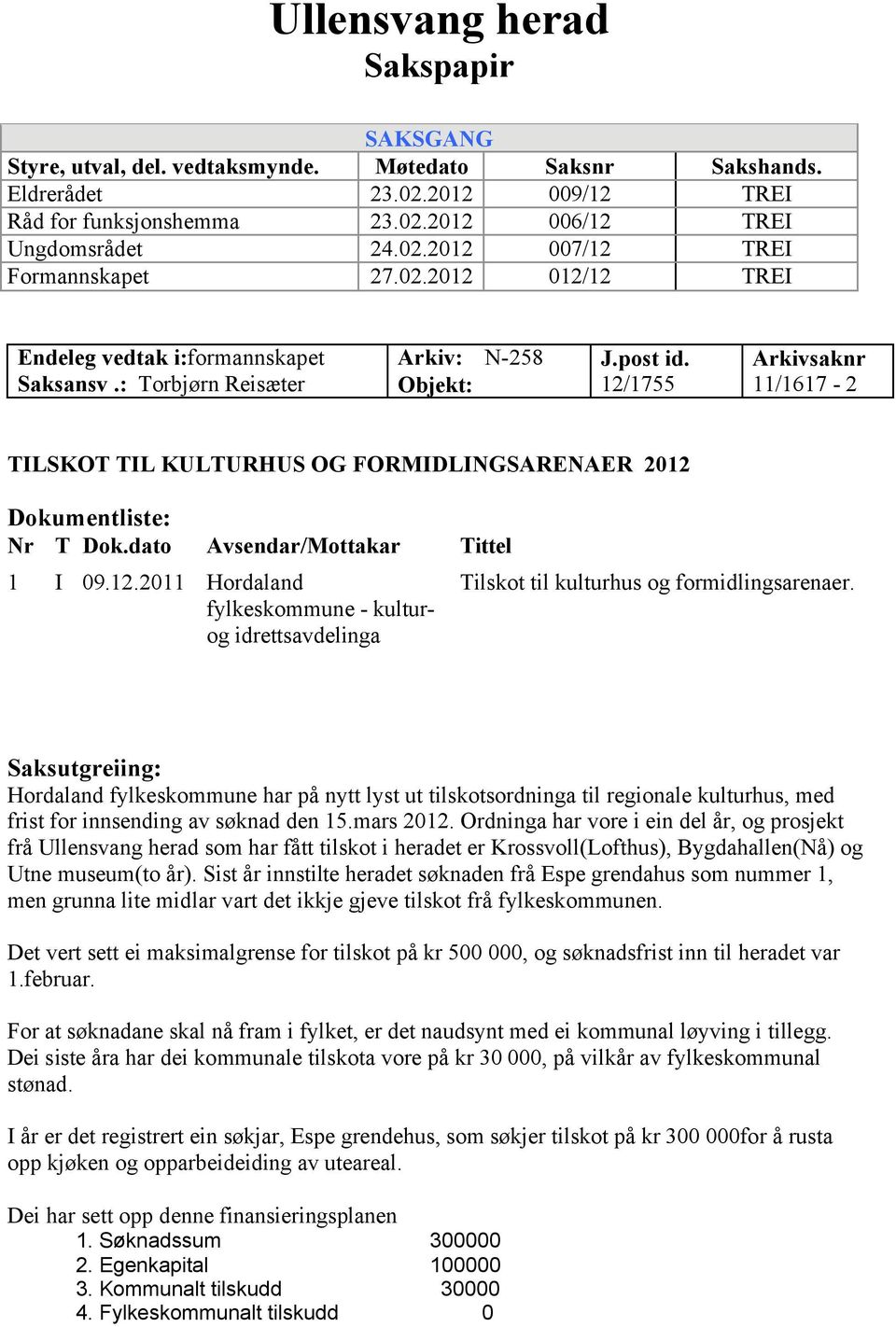 12/1755 Arkivsaknr 11/1617-2 TILSKOT TIL KULTURHUS OG FORMIDLINGSARENAER 2012 Dokumentliste: Nr T Dok.dato Avsendar/Mottakar Tittel 1 I 09.12.2011 Hordaland fylkeskommune - kulturog idrettsavdelinga Tilskot til kulturhus og formidlingsarenaer.