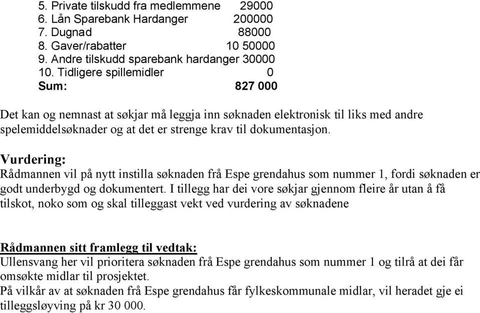 Vurdering: Rådmannen vil på nytt instilla søknaden frå Espe grendahus som nummer 1, fordi søknaden er godt underbygd og dokumentert.