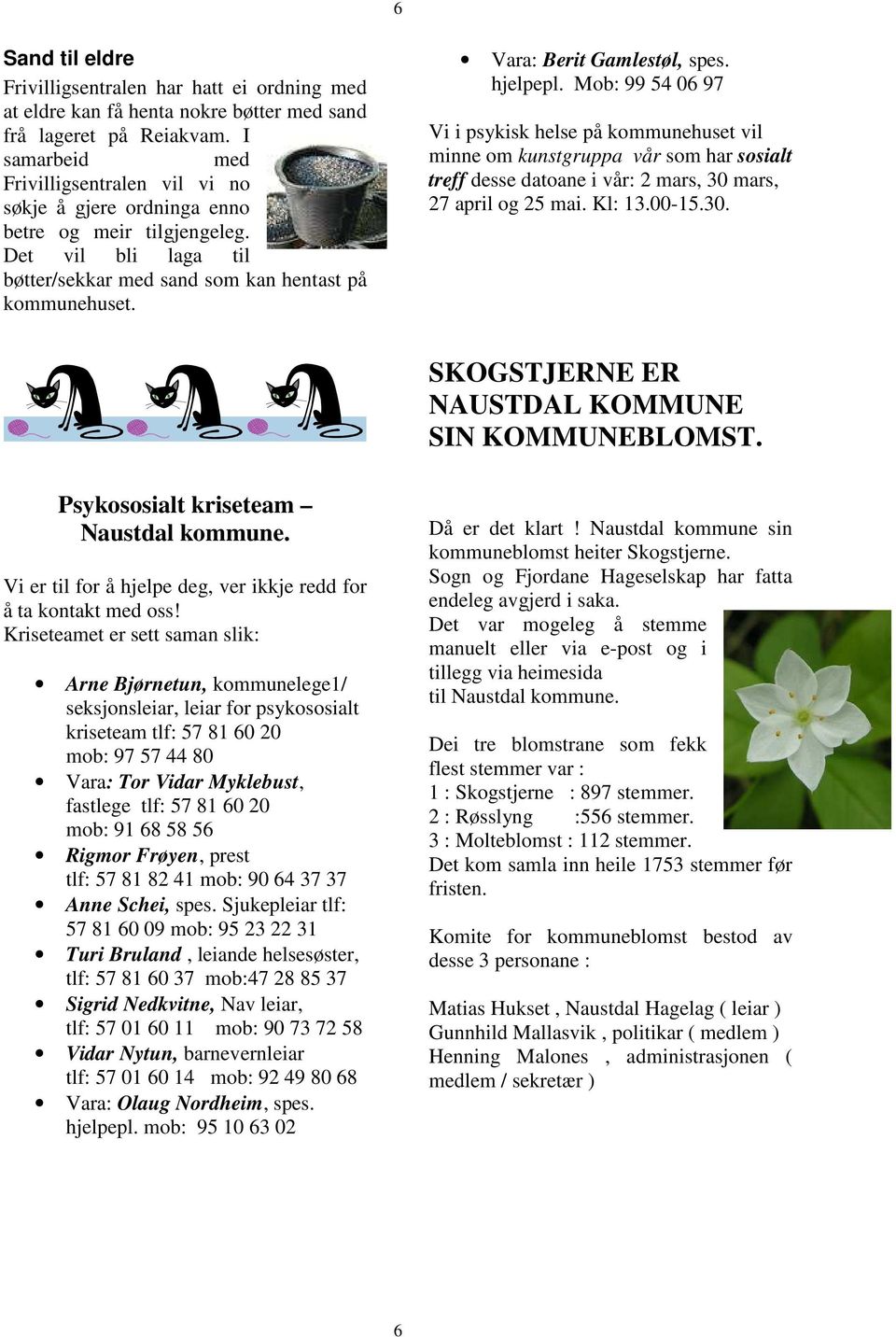 Vara: Berit Gamlestøl, spes. hjelpepl. Mob: 99 54 06 97 Vi i psykisk helse på kommunehuset vil minne om kunstgruppa vår som har sosialt treff desse datoane i vår: 2 mars, 30 mars, 27 april og 25 mai.