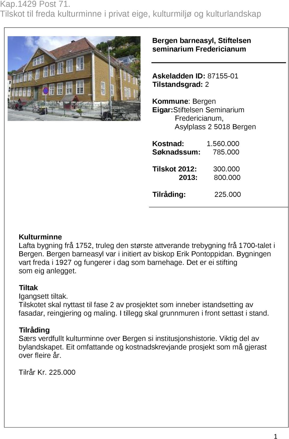 Eigar:Stiftelsen Seminarium Fredericianum, Asylplass 2 5018 Bergen Kostnad: 1.560.000 Søknadssum: 785.000 Tilskot 2012: 300.000 2013: 800.000 : 225.