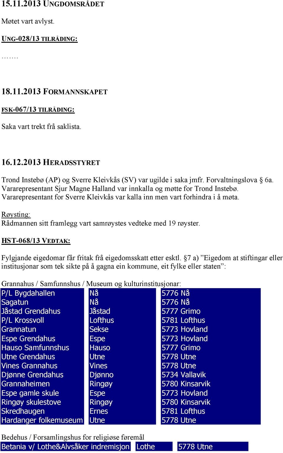 Vararepresentant for Sverre Kleivkås var kalla inn men vart forhindra i å møta. Røysting: Rådmannen sitt framlegg vart samrøystes vedteke med 19 røyster.