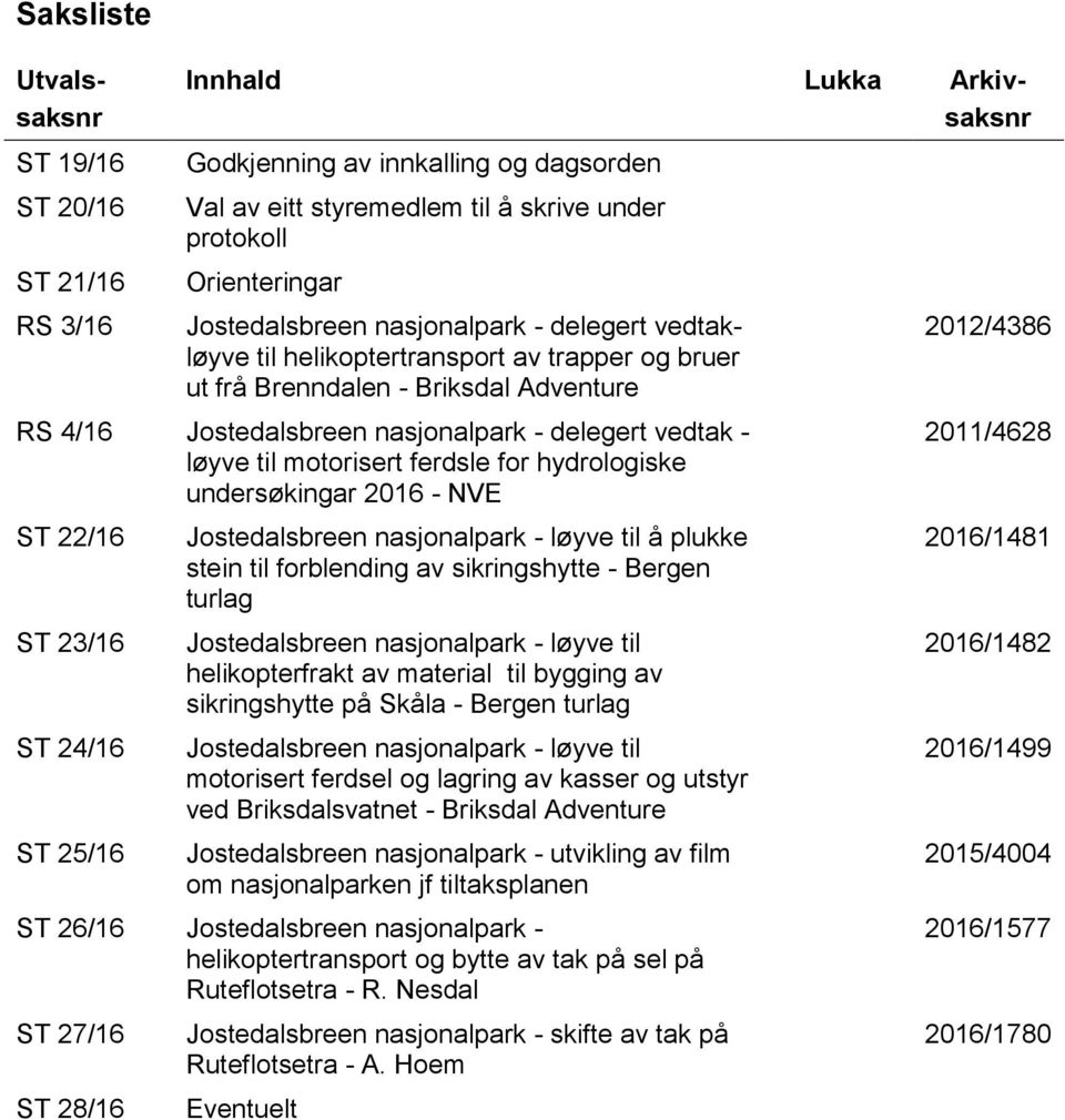 motorisert ferdsle for hydrologiske undersøkingar 2016 - NVE ST 22/16 ST 23/16 ST 24/16 ST 25/16 Jostedalsbreen nasjonalpark - løyve til å plukke stein til forblending av sikringshytte - Bergen