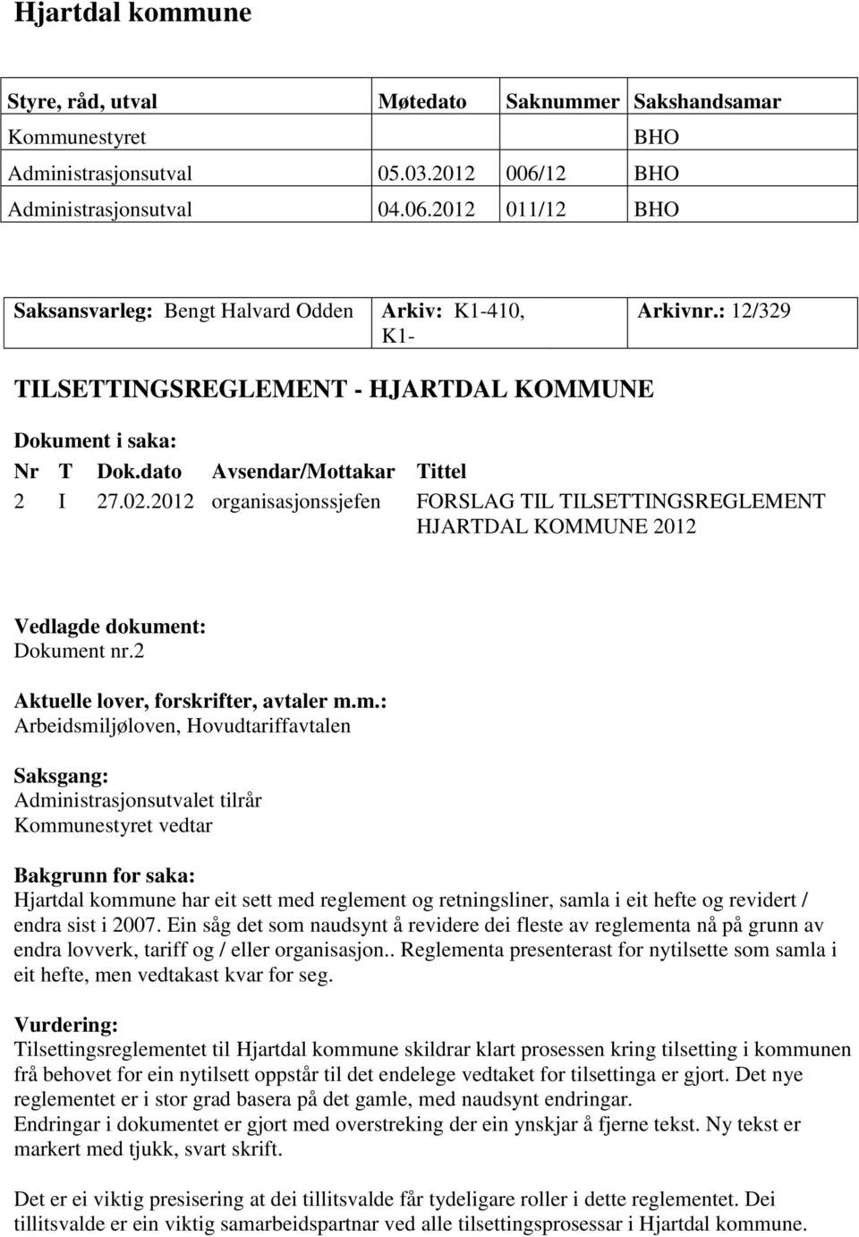 2012 organisasjonssjefen FORSLAG TIL TILSETTINGSREGLEMENT HJARTDAL KOMMUNE 2012 Vedlagde dokume