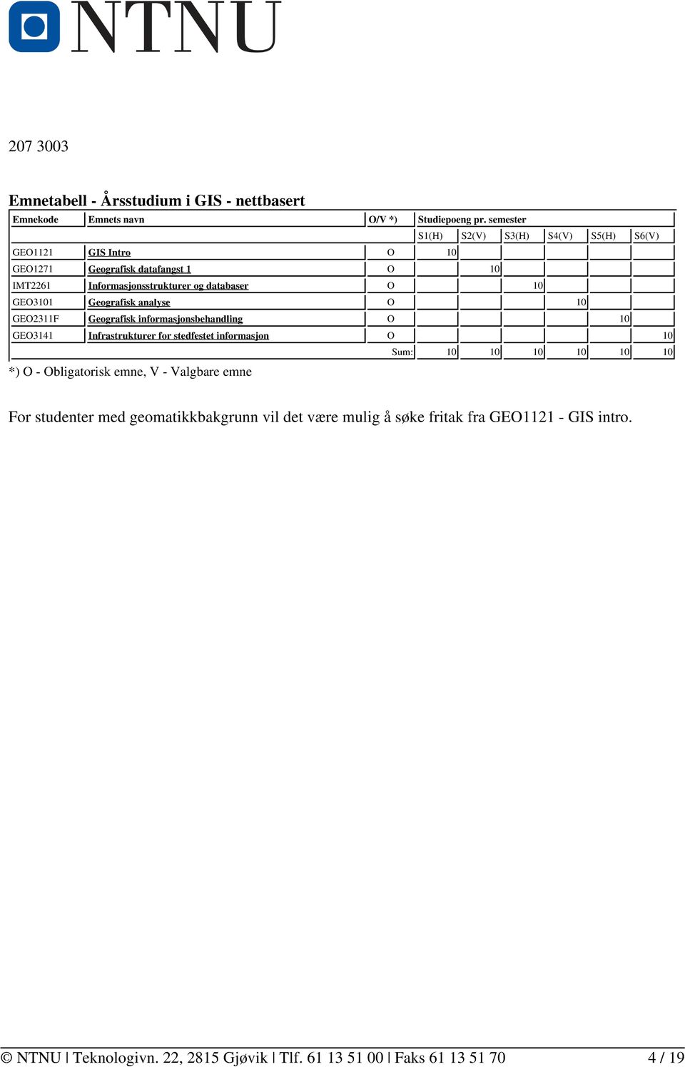 databaser O 10 GEO3101 Geografisk analyse O 10 GEO2311F Geografisk informasjonsbehandling O 10 GEO3141 Infrastrukturer for stedfestet