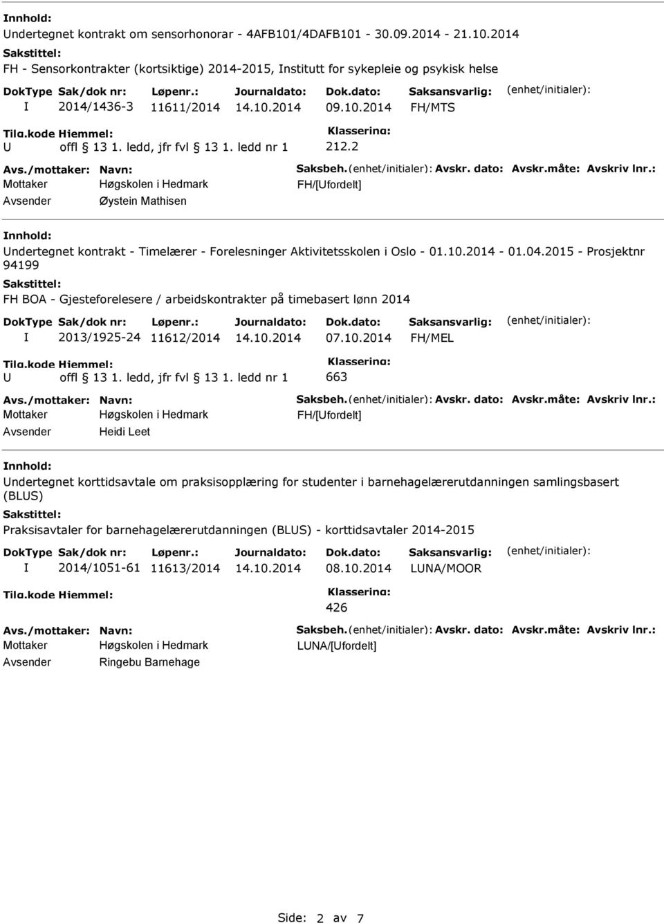 2014-01.04.2015 - Prosjektnr 94199 FH BOA - Gjesteforelesere / arbeidskontrakter på timebasert lønn 2014 2013/1925-24 11612/2014 07.10.2014 FH/MEL 663 Avs./mottaker: Navn: Saksbeh. Avskr. dato: Avskr.