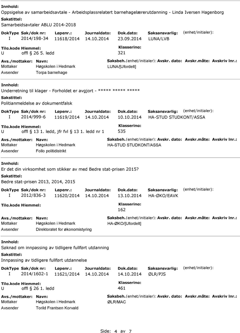 : LNA/[fordelt] Avsender Torpa barnehage nnhold: nderretning til klager - Forholdet er avgjort - ***** ***** ***** Politianmeldelse av dokumentfalsk 2014/999-6 11619/2014 10.