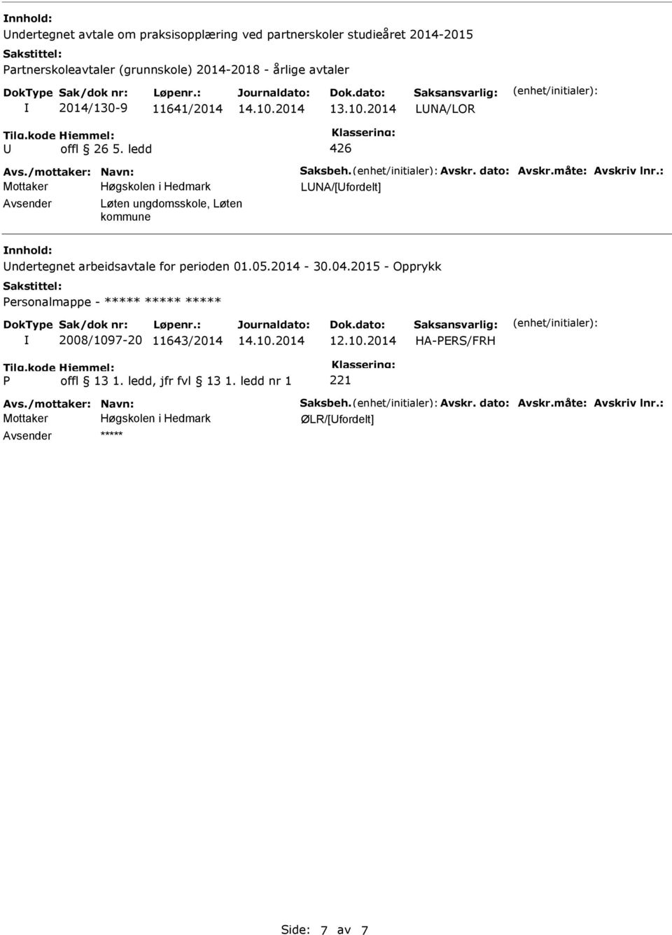 : LNA/[fordelt] Avsender Løten ungdomsskole, Løten kommune nnhold: ndertegnet arbeidsavtale for perioden 01.05.2014-30.04.