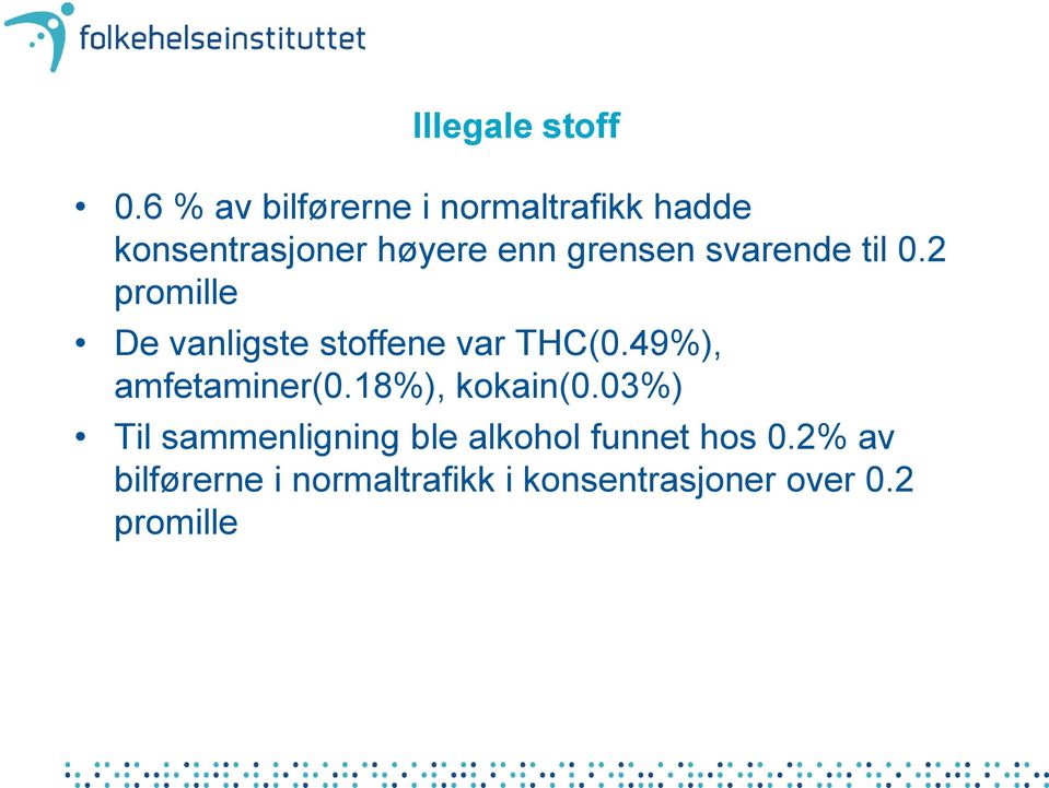 svarende til 0.2 promille De vanligste stoffene var THC(0.