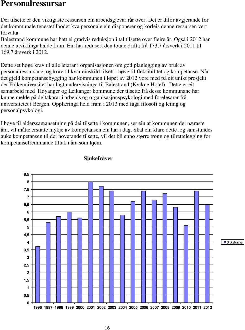 Balestrand kommune har hatt ei gradvis reduksjon i tal tilsette over fleire år. Også i 2012 har denne utviklinga halde fram.