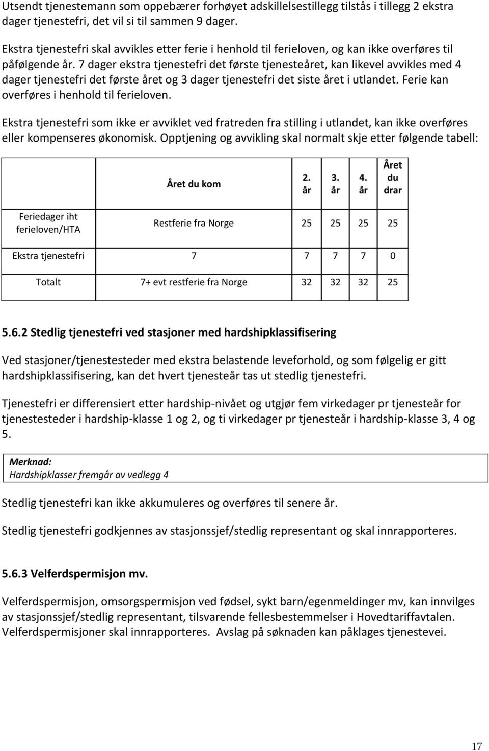 7 dager ekstra tjenestefri det første tjenesteåret, kan likevel avvikles med 4 dager tjenestefri det første året og 3 dager tjenestefri det siste året i utlandet.