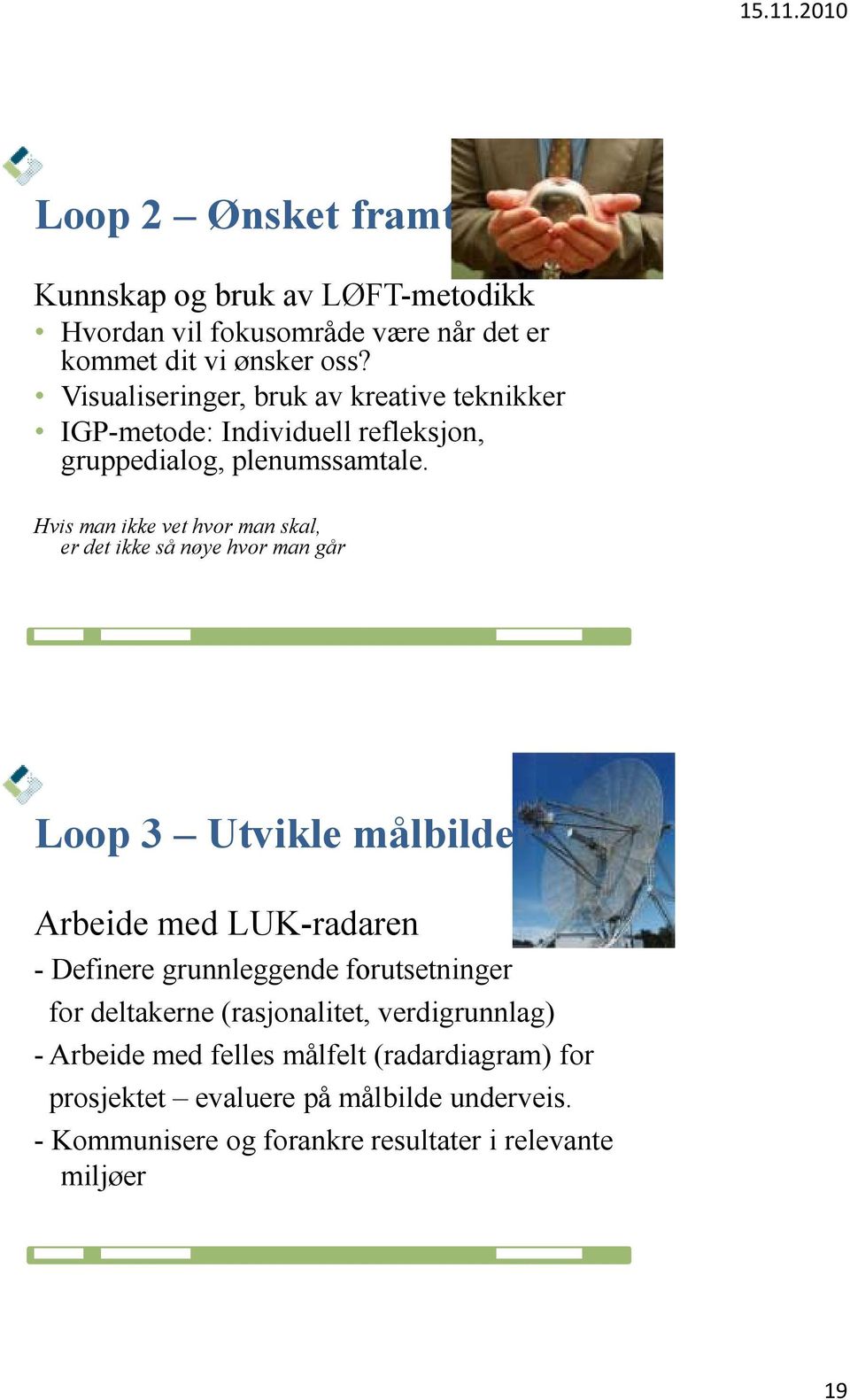 Hvis man ikke vet hvor man skal, er det ikke så nøye hvor man går Loop 3 Utvikle målbilder Arbeide med LUK-radaren - Definere grunnleggende