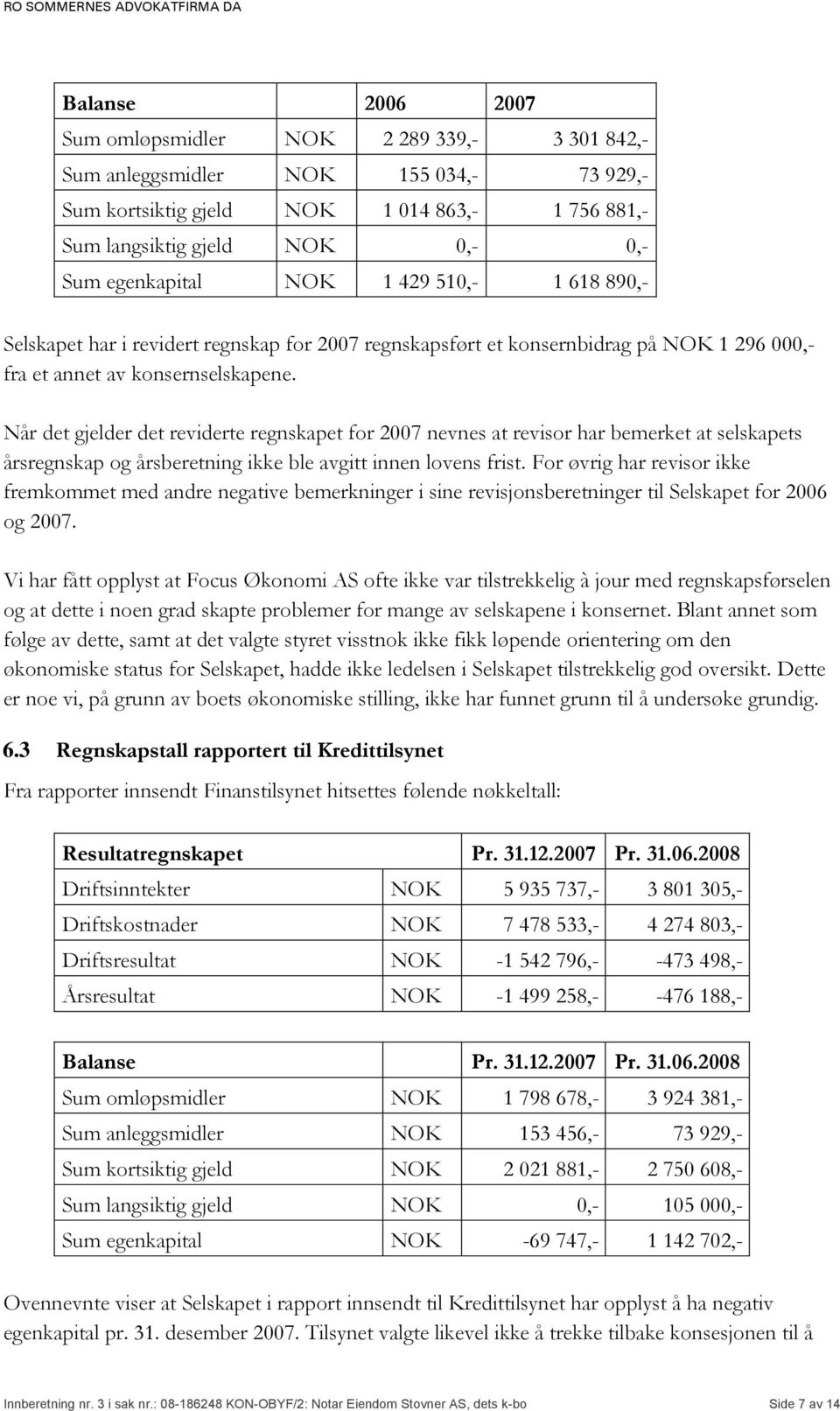 Når det gjelder det reviderte regnskapet for 2007 nevnes at revisor har bemerket at selskapets årsregnskap og årsberetning ikke ble avgitt innen lovens frist.