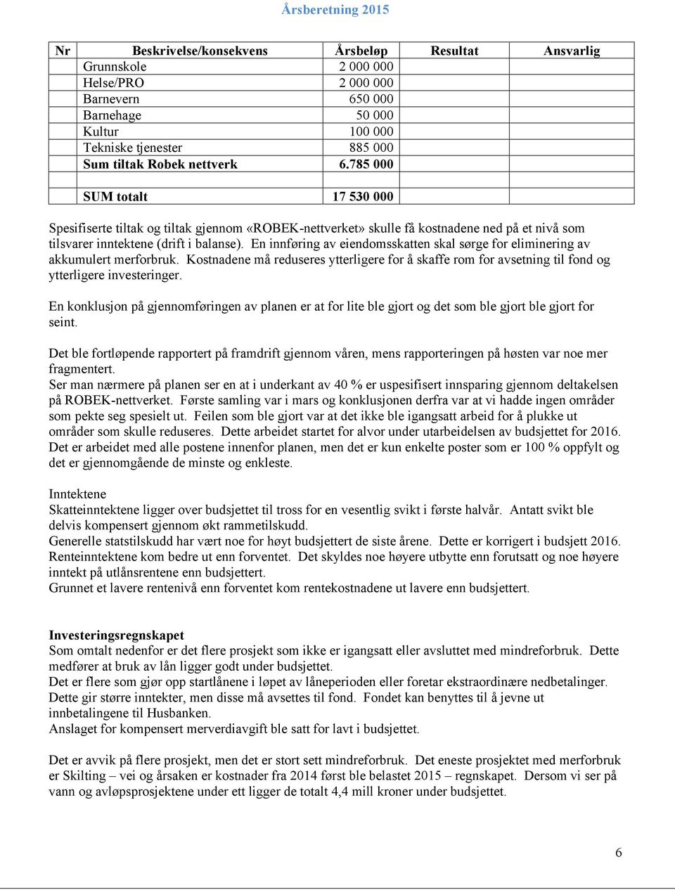 En innføring av eiendomsskatten skal sørge for eliminering av akkumulert merforbruk. Kostnadene må reduseres ytterligere for å skaffe rom for avsetning til fond og ytterligere investeringer.