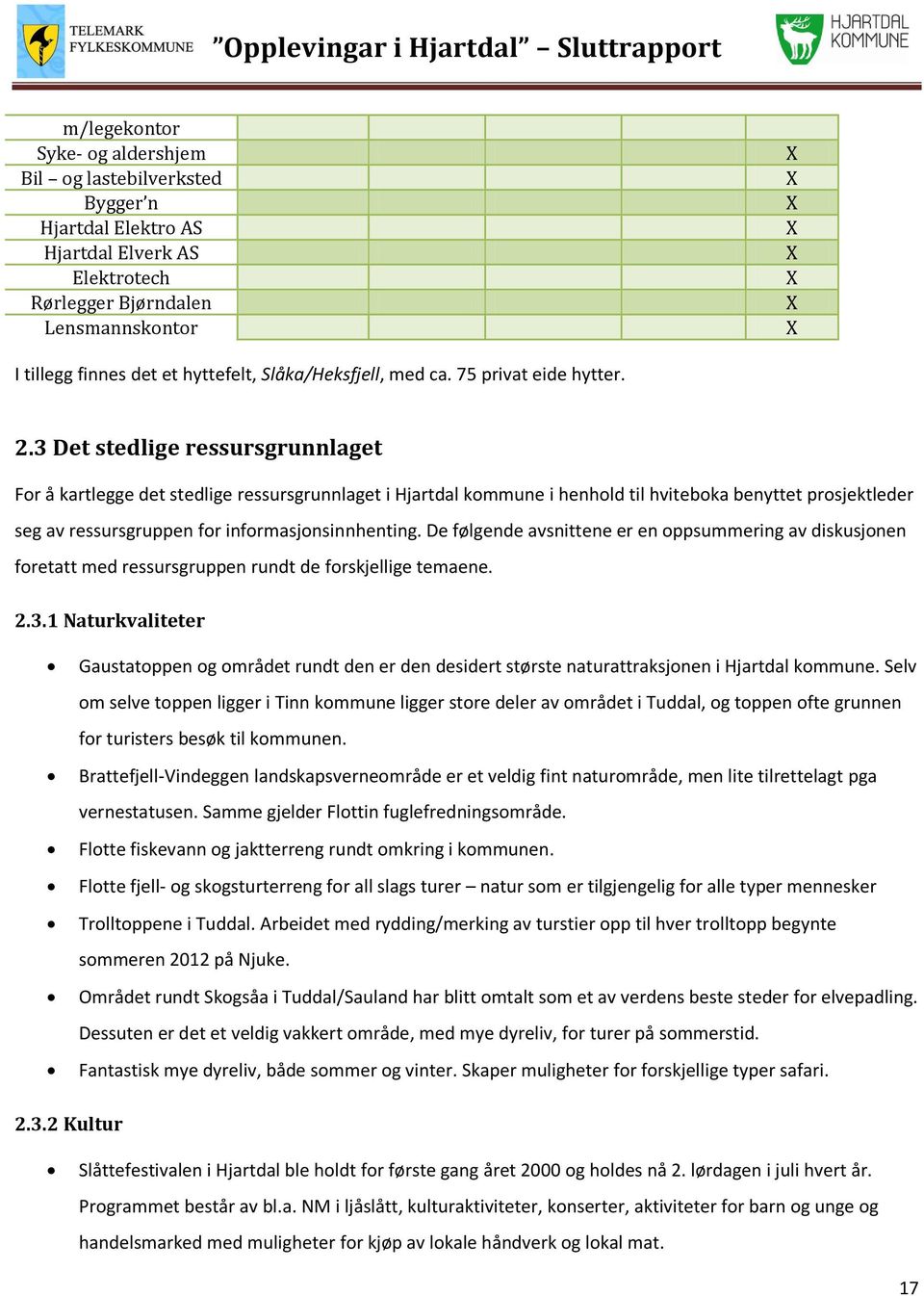 3 Det stedlige ressursgrunnlaget For å kartlegge det stedlige ressursgrunnlaget i Hjartdal kommune i henhold til hviteboka benyttet prosjektleder seg av ressursgruppen for informasjonsinnhenting.