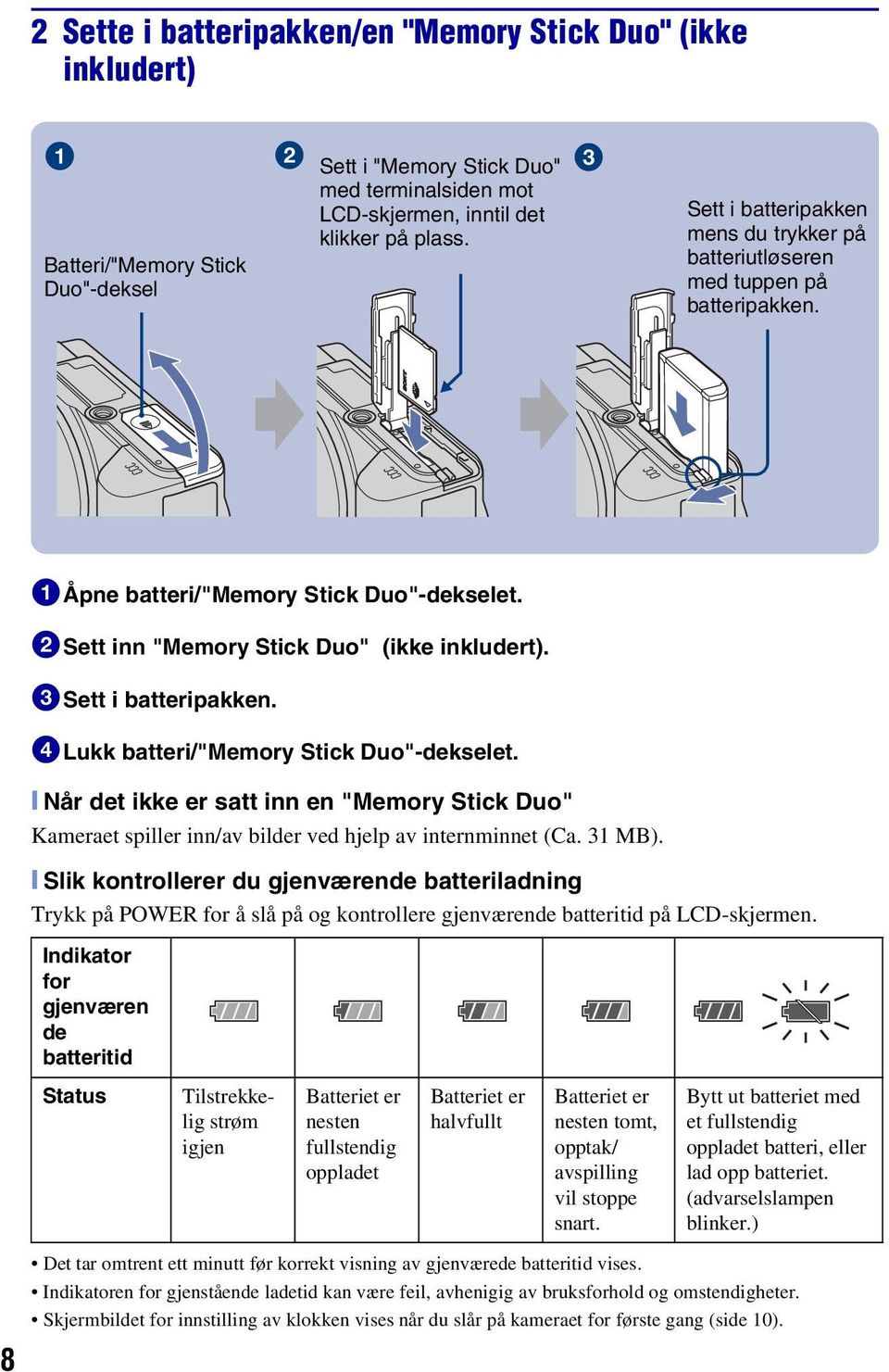 4Lukk batteri/"memory Stick Duo"-dekselet. [ Når det ikke er satt inn en "Memory Stick Duo" Kameraet spiller inn/av bilder ved hjelp av internminnet (Ca. 31 MB).