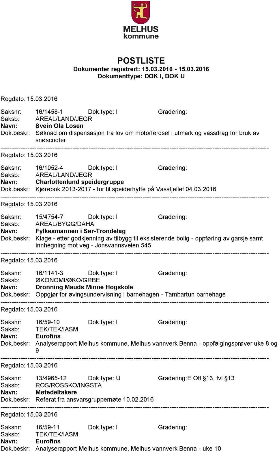 type: I Gradering: Saksb: AREAL/LAND/JEGR Navn: Charlottenlund speidergruppe Dok.beskr: Kjørebok 2013-2017 - tur til speiderhytte på Vassfjellet 04.03.2016 Saksnr: 15/4754-7 Dok.