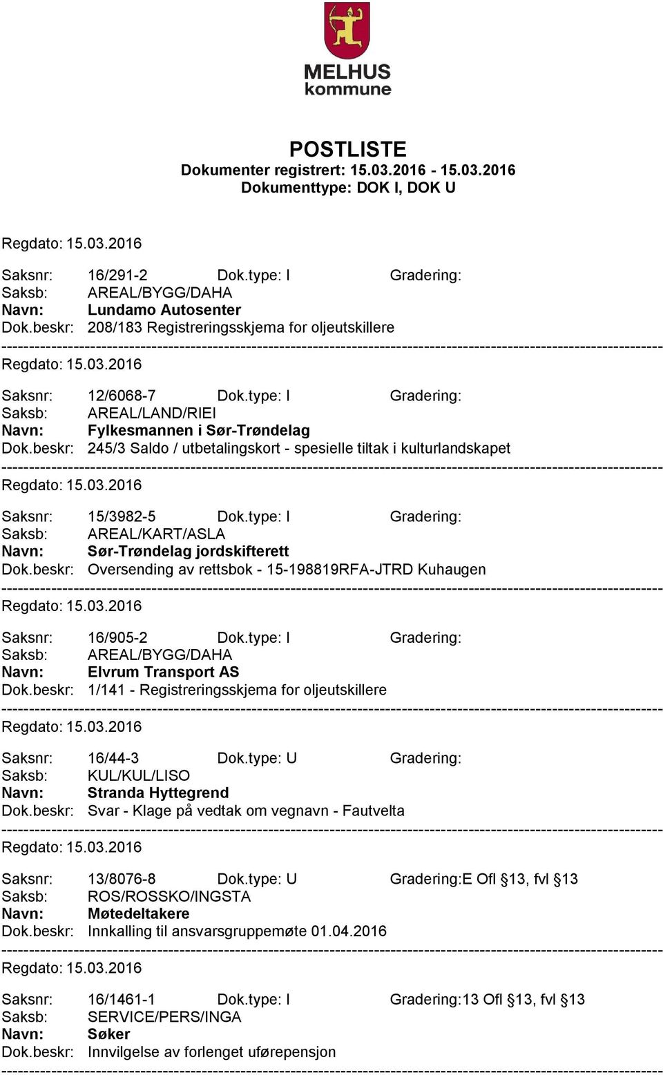 type: I Gradering: Saksb: AREAL/KART/ASLA Navn: Sør-Trøndelag jordskifterett Dok.beskr: Oversending av rettsbok - 15-198819RFA-JTRD Kuhaugen Saksnr: 16/905-2 Dok.