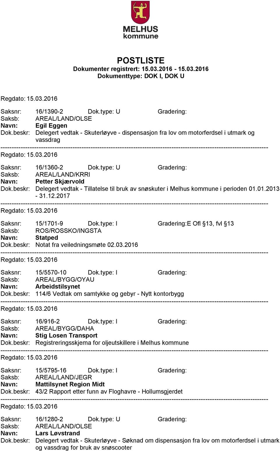 beskr: Delegert vedtak - Tillatelse til bruk av snøskuter i Melhus kommune i perioden 01.01.2013-31.12.2017 Saksnr: 15/1701-9 Dok.