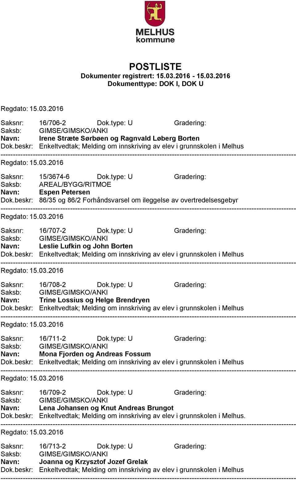 type: U Gradering: Navn: Leslie Lufkin og John Borten Saksnr: 16/708-2 Dok.type: U Gradering: Navn: Trine Lossius og Helge Brendryen Saksnr: 16/711-2 Dok.