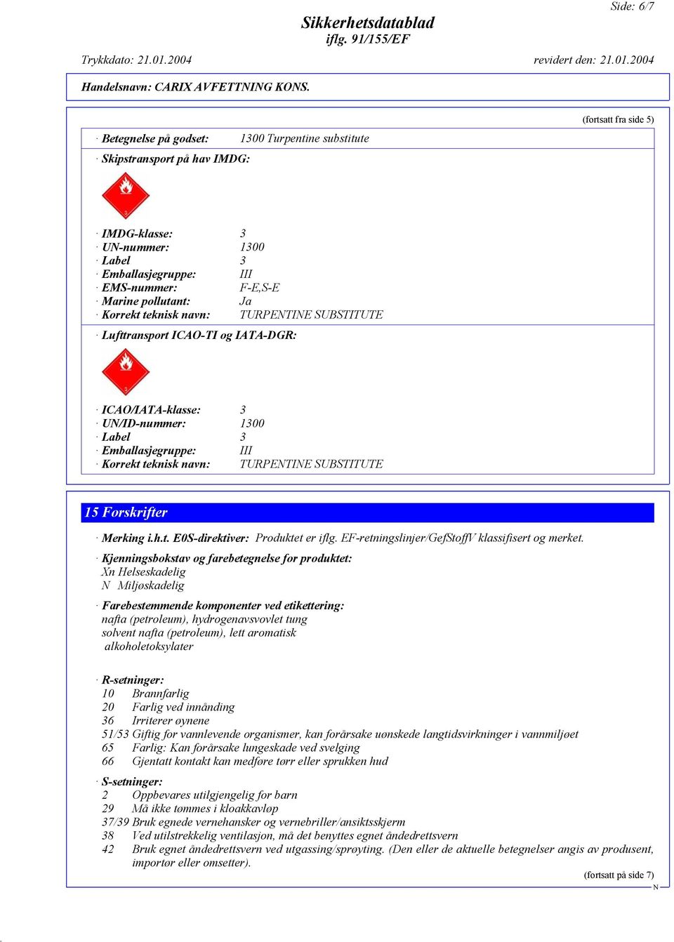Korrekt teknisk navn: TURPETIE SUBSTITUTE Lufttransport ICAO-TI og IATA-DGR: ICAO/IATA-klasse: 3 U/ID-nummer: 1300 Label 3 Emballasjegruppe: III Korrekt teknisk navn: TURPETIE SUBSTITUTE 15