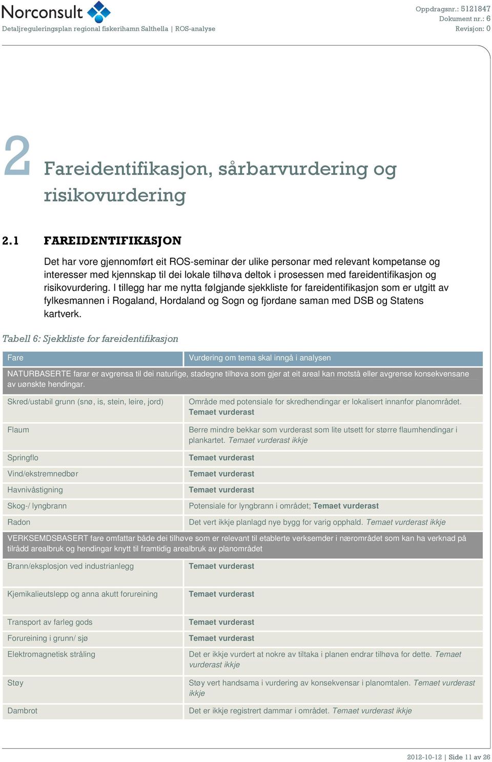 og risikovurdering. I tillegg har me nytta følgjande sjekkliste for fareidentifikasjon som er utgitt av fylkesmannen i Rogaland, Hordaland og Sogn og fjordane saman med DSB og Statens kartverk.