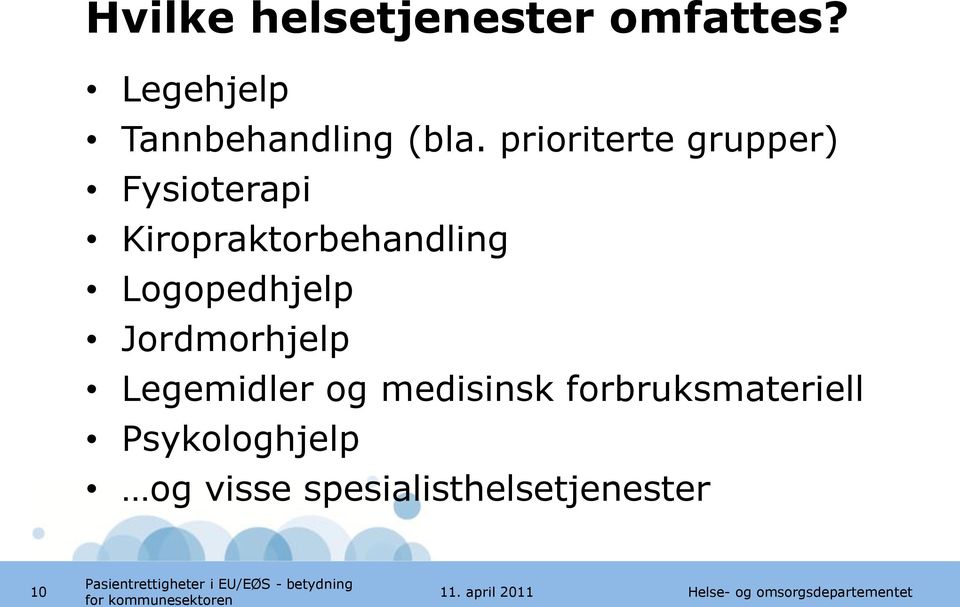 prioriterte grupper) Fysioterapi Kiropraktorbehandling