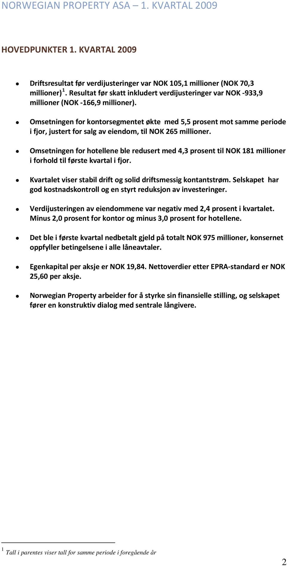 Omsetningen for kontorsegmentet økte med 5,5 prosent mot samme periode i fjor, justert for salg av eiendom, til NOK 265 millioner.