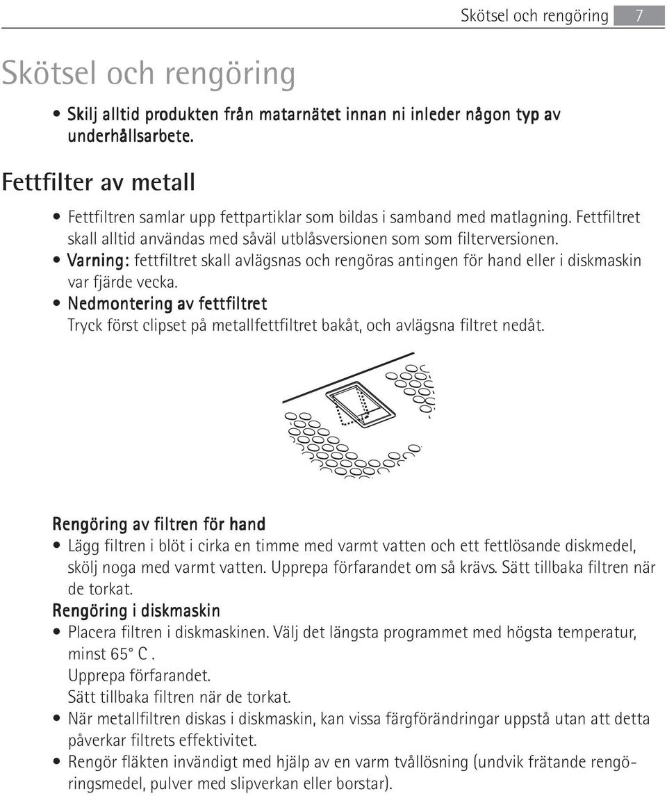 Varning: fettfiltret skall avlägsnas och rengöras antingen för hand eller i diskmaskin var fjärde vecka.