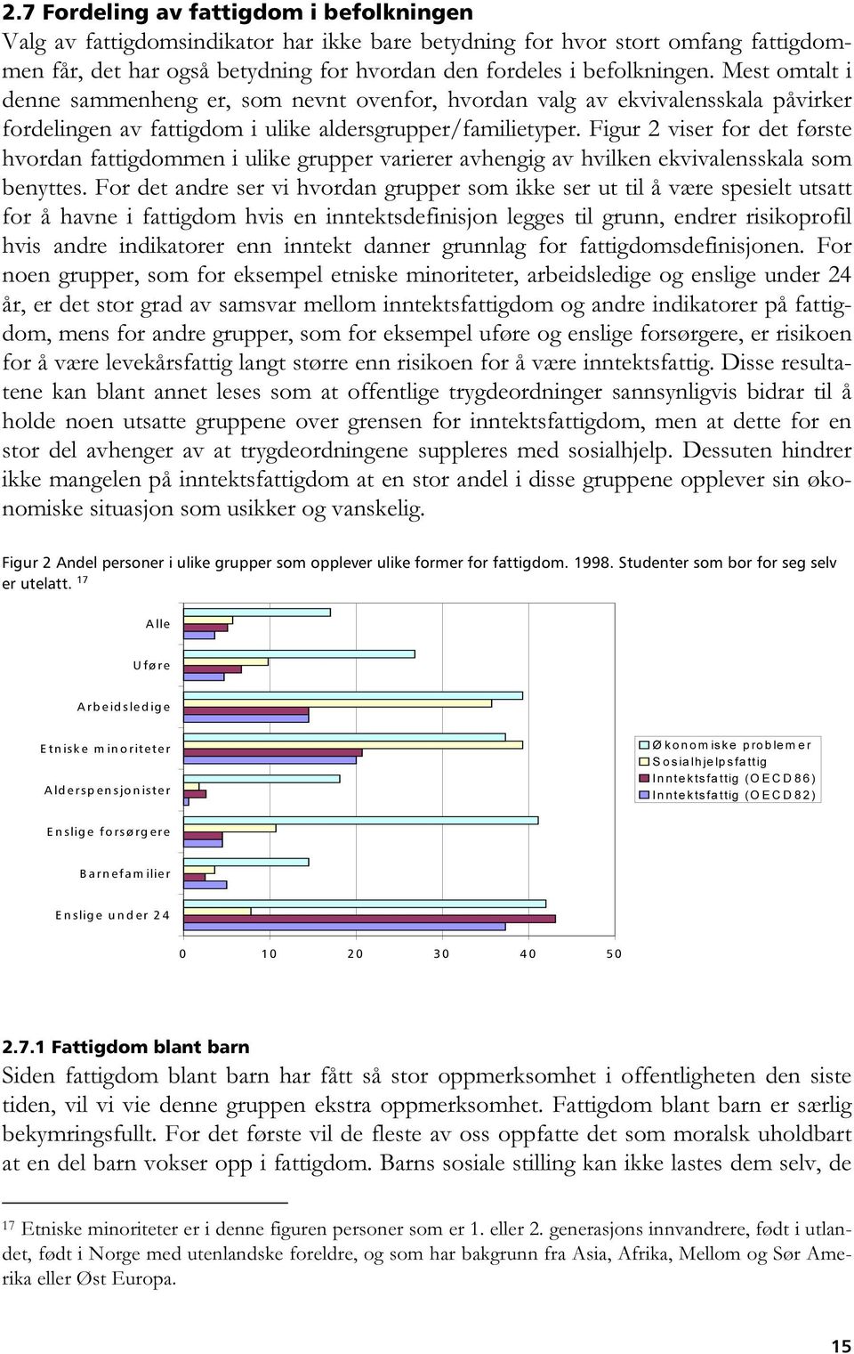 Figur 2 viser for det første hvordan fattigdommen i ulike grupper varierer avhengig av hvilken ekvivalensskala som benyttes.