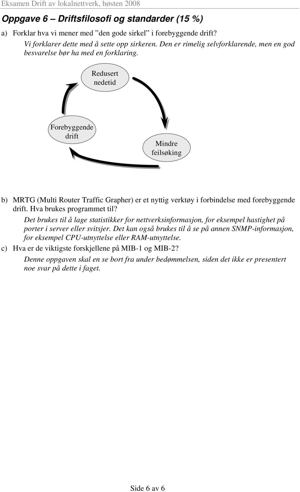 Redusert nedetid Forebyggende drift Mindre feilsøking b) MRTG (Multi Router Traffic Grapher) er et nyttig verktøy i forbindelse med forebyggende drift. Hva brukes programmet til?