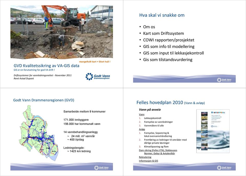 René Astad Dupont Godt Vann Drammensregionen (GVD) Samarbeide mellom 9 kommuner 171.000 innbyggere 156.000 har kommunalt vann 14 vannbehandlingsanlegg ~ 24 mill.