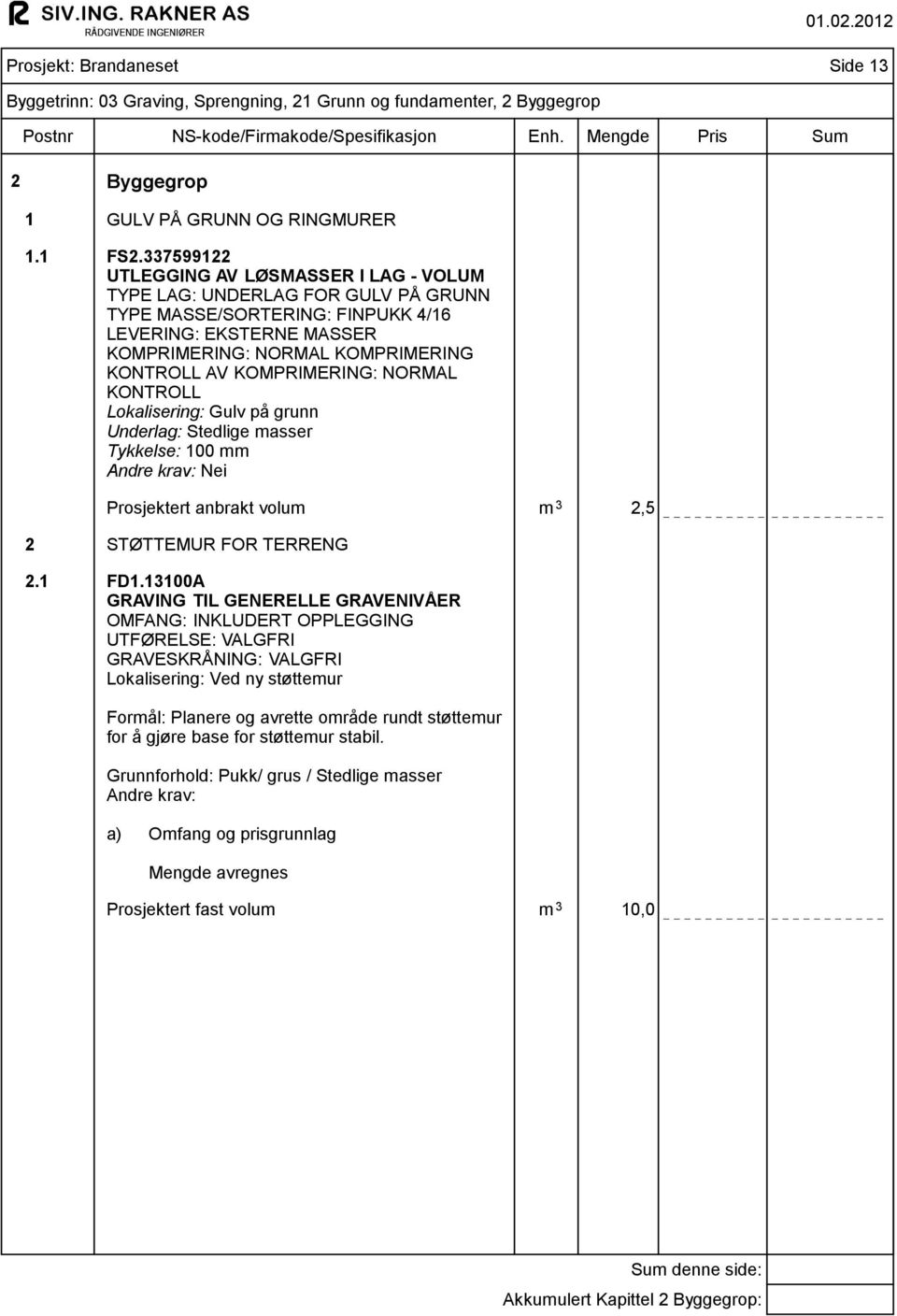 KOMPRIMERING: NORMAL KONTROLL Lokalisering: Gulv på grunn Underlag: Stedlige masser Tykkelse: 100 mm Prosjektert anbrakt volum m 3 2,5 2 STØTTEMUR FOR TERRENG 2.1 FD1.