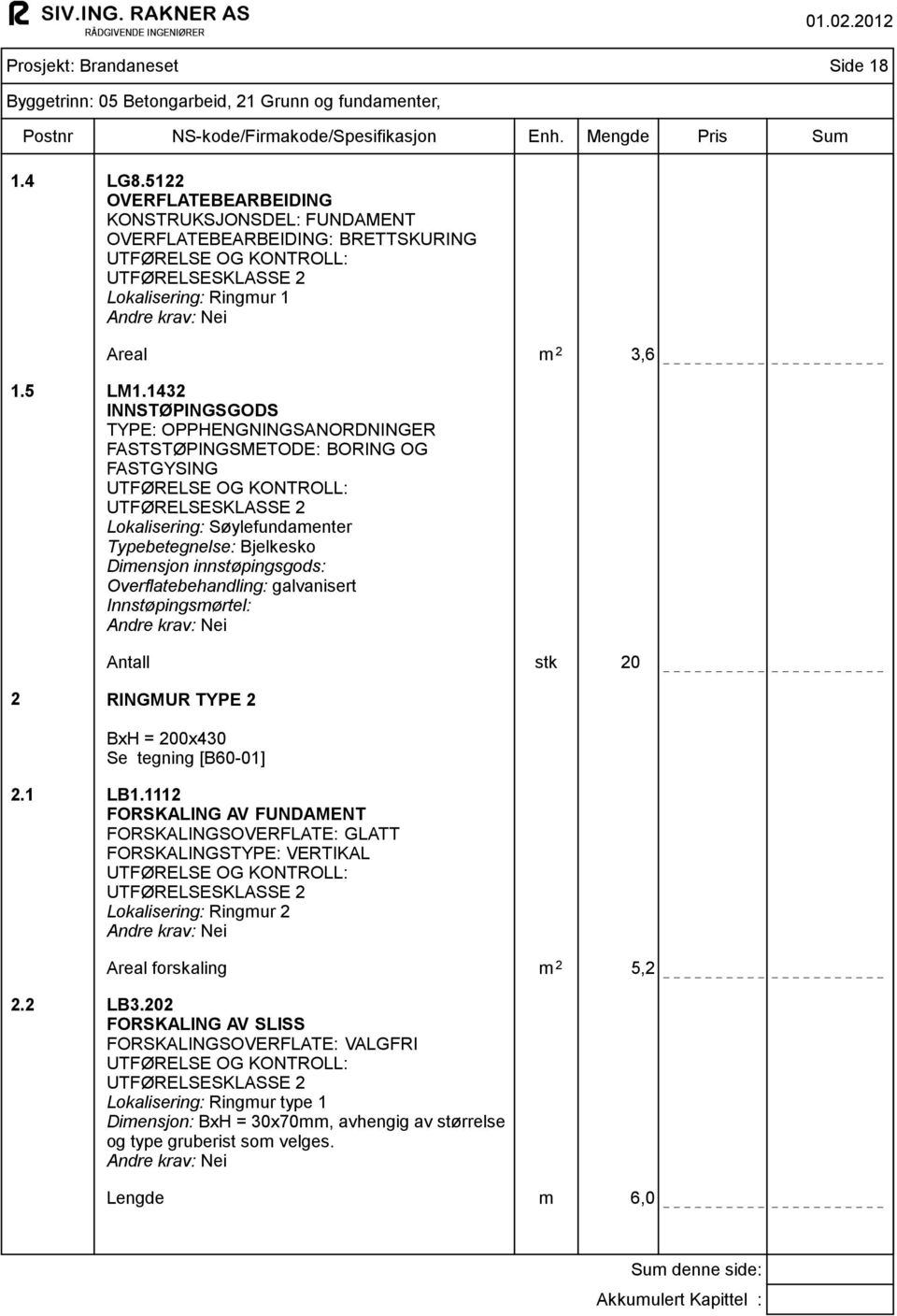 galvanisert Innstøpingsmørtel: Antall stk 20 2 RINGMUR TYPE 2 BxH = 200x430 Se tegning [B60-01] 2.1 LB1.