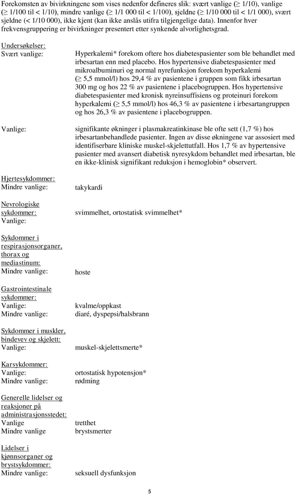 Undersøkelser: Svært vanlige: Vanlige: Hjertesykdommer: Mindre vanlige: Nevrologiske sykdommer: Vanlige: Sykdommer i respirasjonsorganer, thorax og mediastinum: Mindre vanlige: Gastrointestinale