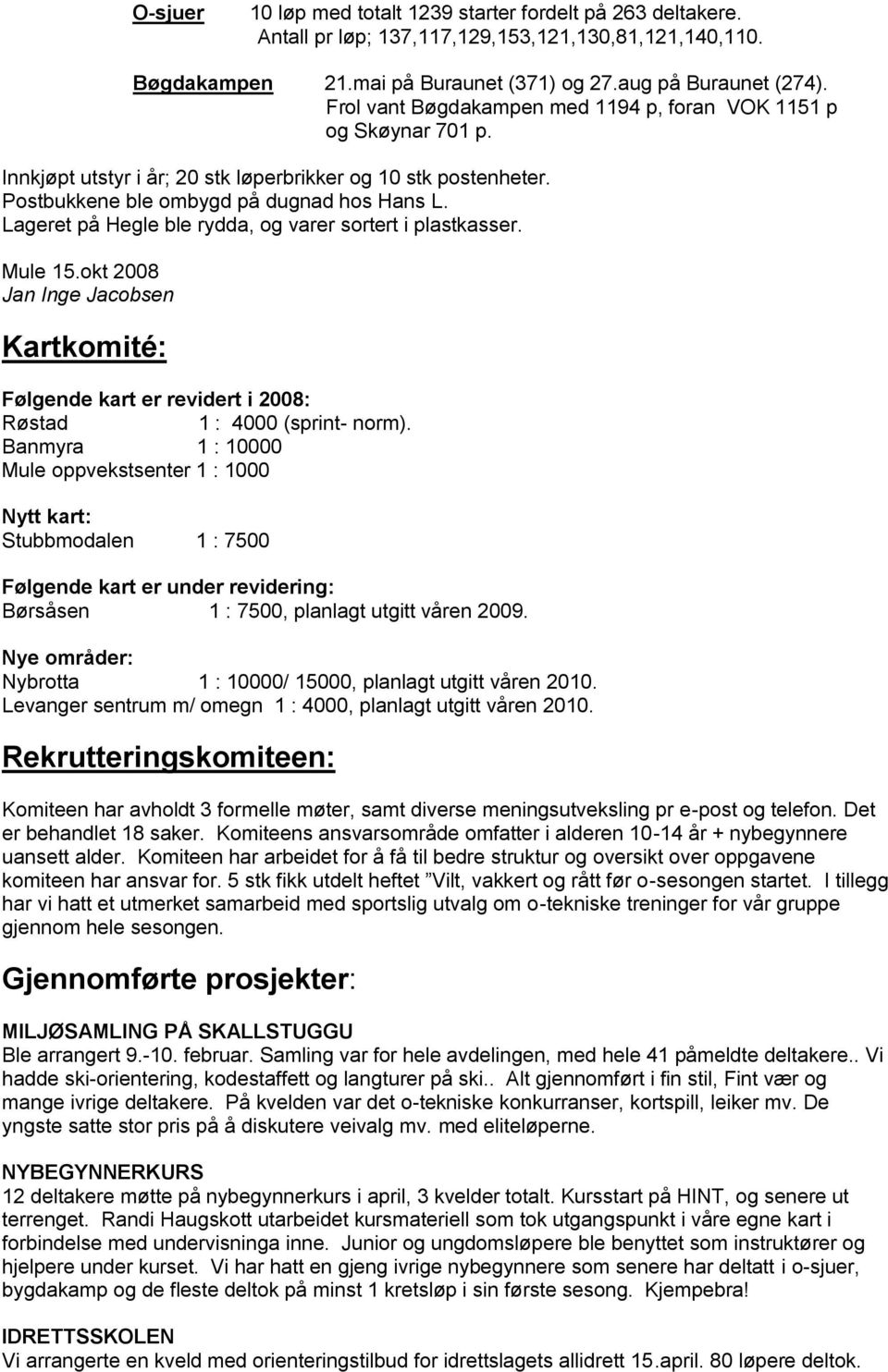 Lageret på Hegle ble rydda, og varer sortert i plastkasser. Mule 15.okt 2008 Jan Inge Jacobsen Kartkomité: Følgende kart er revidert i 2008: Røstad 1 : 4000 (sprint- norm).