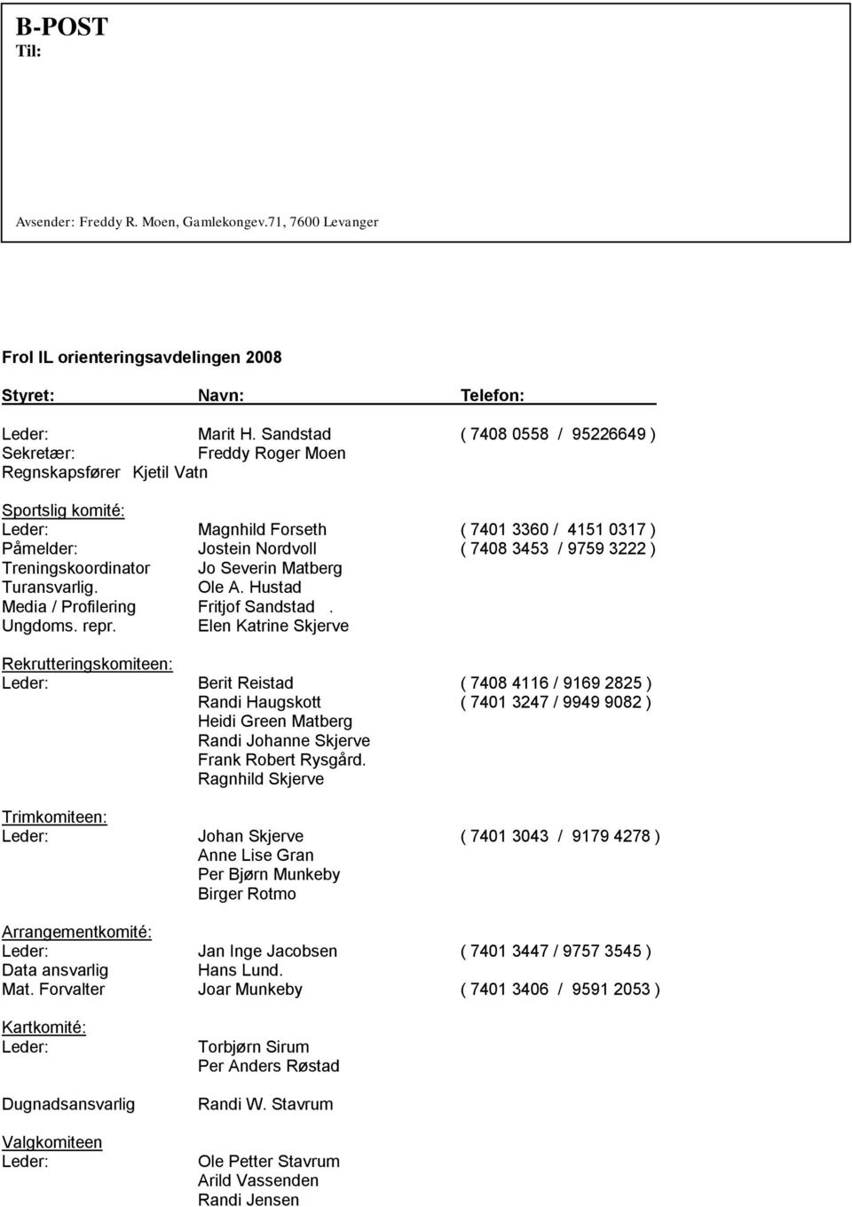 9759 3222 ) Treningskoordinator Jo Severin Matberg Turansvarlig. Ole A. Hustad Media / Profilering Fritjof Sandstad. Ungdoms. repr.