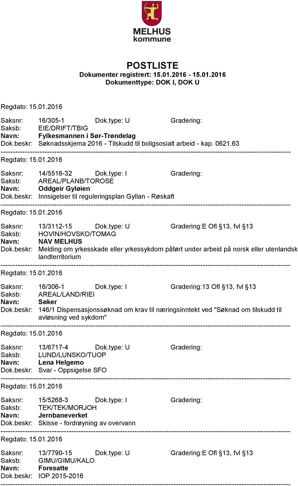 type: U Gradering:E Ofl 13, fvl 13 Saksb: HOVIN/HOVSKO/TOMAG Navn: NAV MELHUS Dok.